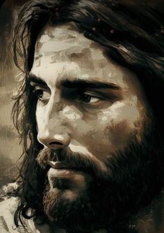 a painting of jesus with long hair and beard