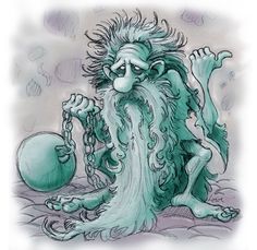 a drawing of a green troll with chains and a ball in his hand, sitting on the ground