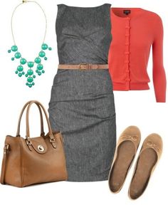 I love this dress (fit, length and color) and the coral cardigan. The bag and shoes are a nice touch too. Vestidos Casual, Mode Tips, Baby Twins, Professional Style, Professional Attire, Grey Dress, Tattoos Ideas, Makeup Tutorials, Work Clothes