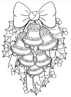 a coloring page with bells and holly leaves