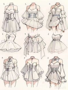 an image of different types of clothes for women in various poses and sizes, all drawn up