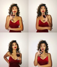 four pictures of a woman in red dress holding a wine glass and looking at her cell phone