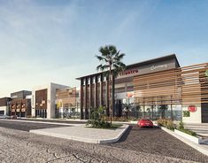 an artist's rendering of a shopping center with cars parked in the parking lot