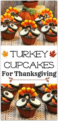 turkey cupcakes for thanksgiving with chocolate frosting and candies in the middle