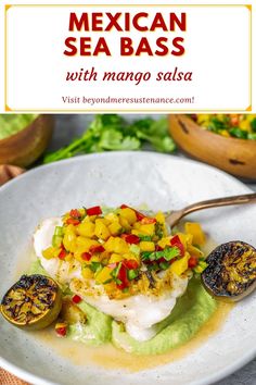 mexican sea bass with mango salsa on a white plate