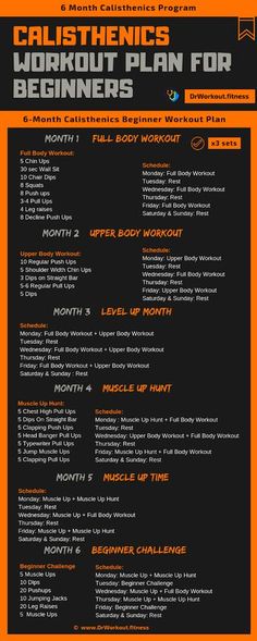 the calisthenics workout plan for beginners is shown in black and orange