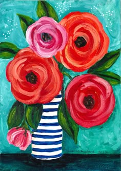 an acrylic painting of red flowers in a striped vase on a blue background