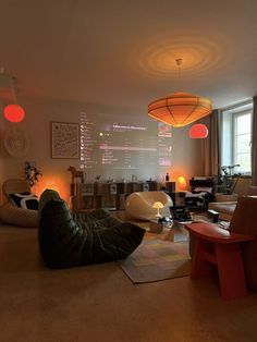 a living room filled with furniture and lights