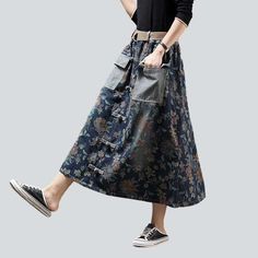 Introducing the 2023 Spring-Summer Collection's cargo jeans skirt with flowers a fresh take on urban flair that is sure to make you stand out! This tall-waisted. long. and painted piece is the perfect blend of contemporary trendy and nostalgic grunge. with a unique distressed pattern and rubber closure for maximum comfort and style.Why It's A Must-Have Grunge Vibes: Embrace the '90s vibe without compromising on sophistication. Distinctive Design: The unique distressed pattern and rubber closure Cargo Jeans Skirt, Unique Street Style, Skirt With Flowers, Color Clothes, Womens Denim Skirts, Denim Pattern, Grunge Vibes, Jeans Skirt, Denim Patterns