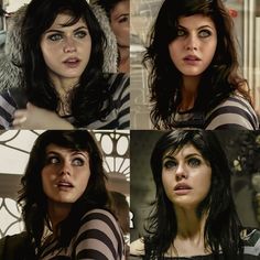 four different pictures of a woman with dark hair and blue eyes wearing black and white stripes