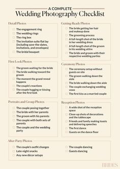 the wedding photography checklist is shown in this printable guide for brides and grooms