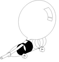 a black and white drawing of a person flying with a large balloon