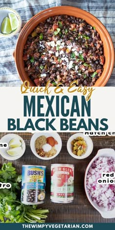 mexican black beans recipe in a bowl with ingredients on the side and text overlay