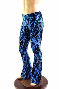 "This item is made to order, please read all the way through the listing before purchasing! You are going to feel like a rockstar in these leggings! Super bright neon blue lightning print (Elastic free for a smooth comfy fit!). These pants are made of top quality four way stretch fabric and they light up like mad under blacklight. They have a 11\" rise, and a bootcut lower leg Perfect for yoga, dancing, neon bowling, lounging or anything else! Mens Sizing (See below for instructions on where mea Neon Bowling, Bootcut Leggings, Like A Rockstar, Boot Cut Leggings, Blue Lightning, Spandex Pants, Dance Pants, Spandex Dress, Rave Festival