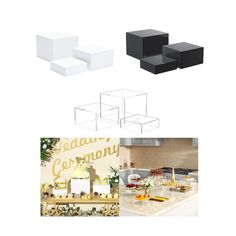 four different types of decorative items displayed on a white background with gold and black lettering