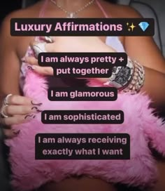 a woman holding a pink teddy bear in her lap with the words luxury affirmations