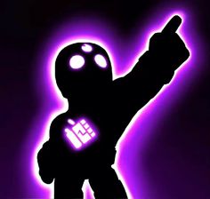 a cartoon character pointing at something with purple light in the background and an image of a person wearing a glowing suit