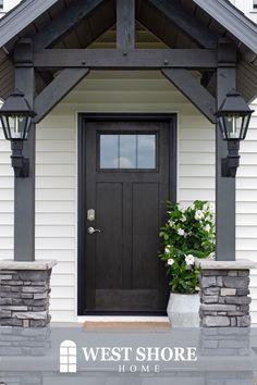 No matter what your motivation is, when choosing new exterior doors for your home, you will have no shortage of options. The three most popular types of exterior door materials are fiberglass, steel, and wood. Not sure which option is right for your home? Read on to learn about the features and benefits of each. Gable Porch, Small Front Porches Designs, Front Porch Remodel, Camp Hope, Door Overhang, Step Ideas, Spec House, Ranch House Exterior, Fiberglass Entry Doors