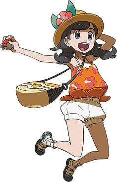 a woman in an orange shirt and white shorts is holding a basket with food on it