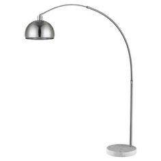 a chrome floor lamp with a marble base and an oval light shade on the top