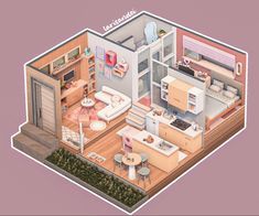 an overhead view of a small apartment with furniture and kitchen area in the living room