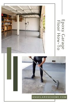 a man is cleaning the floor with a mop in his hand and an image of a garage