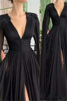 prom dress#prom dress with slit#V-neck prom dress#chiffon prom gown#Prom Dress with Beading#sexy prom dress#prom dresses#prom gown Black Tulle Prom Dress, Prom Gown Elegant, Mom Prom, Evermore Fashion, Matric Farewell, Flower Gown, Princess Hours, Black Chiffon Dress, Evening Gowns With Sleeves