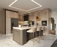 a kitchen with marble counter tops and bar stools next to a cactus in the corner