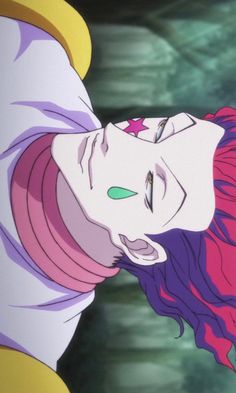 a woman with purple hair and green eyes has her head tilted back to the side