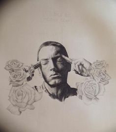 a drawing of a man with roses in front of his face