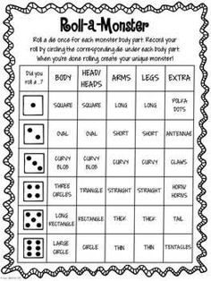 the roll - a - monster game is shown in black and white, with four dices on it