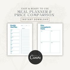 the meal planner and price comparison sheet is shown with text that reads easy & ready to use