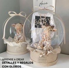 two stuffed giraffes are in glass domes