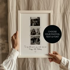 a person holding up a framed photo with the words choose your photos, text & font