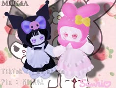 two anime dolls are standing next to each other on a pink background with flowers and butterflies