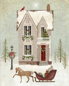 a christmas card with a horse pulling a sleigh in front of a house