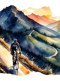 a watercolor painting of a cyclist on a mountain road