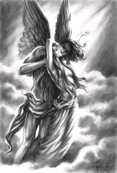 a drawing of an angel with wings flying through the air, in front of clouds