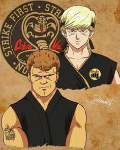 two anime characters one with blonde hair and the other with blue eyes, both wearing black