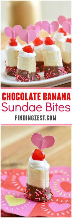 chocolate banana sundae bites on a plate with sprinkles and heart decorations