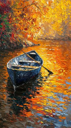 a painting of a boat in the water with autumn leaves around it and an orange tree