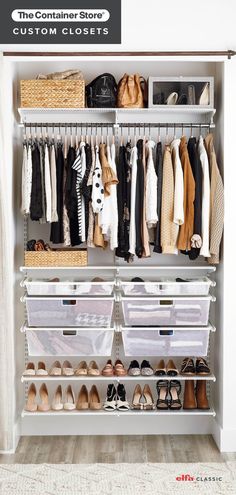 an organized closet with clothes and shoes on the bottom shelf, along with bins