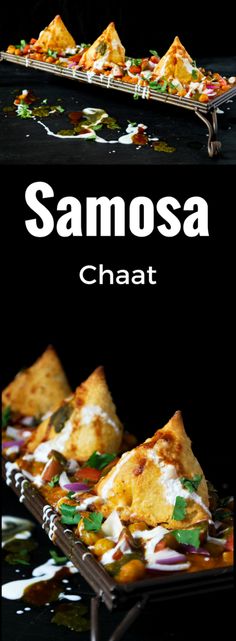 samosa chaat is served on a tray