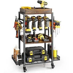 a tool rack with tools on it and two shelves filled with different types of tools