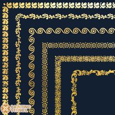 a set of decorative gold frames on a black background