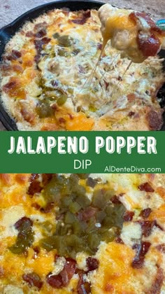 a close up of a pizza on a pan with toppings and the words jalapeno popper