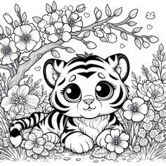 a black and white drawing of a baby tiger sitting in the grass surrounded by flowers