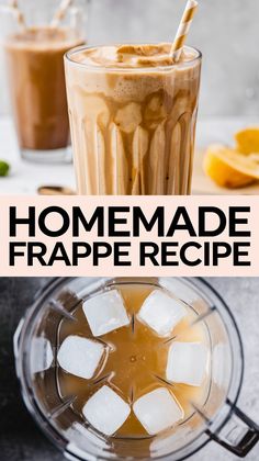 homemade frappe recipe in a blender with ice cubes