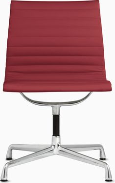 an office chair with red upholstered seat and chrome base, viewed from the front