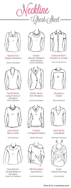 Neckline Cheat Sheet | Alma & Co. | How to pair your favorite dress with that perfect piece of jewerly Necklace Guide, Mode Tips, Fashion Dictionary, Fashion Vocabulary, Fashion 101, Cheat Sheet, Favorite Dress, Look Fashion, Fashion Illustration